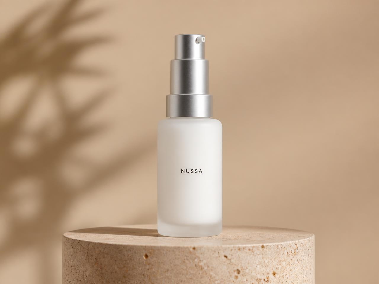 Generated studio scene of the NUSSA serum bottle