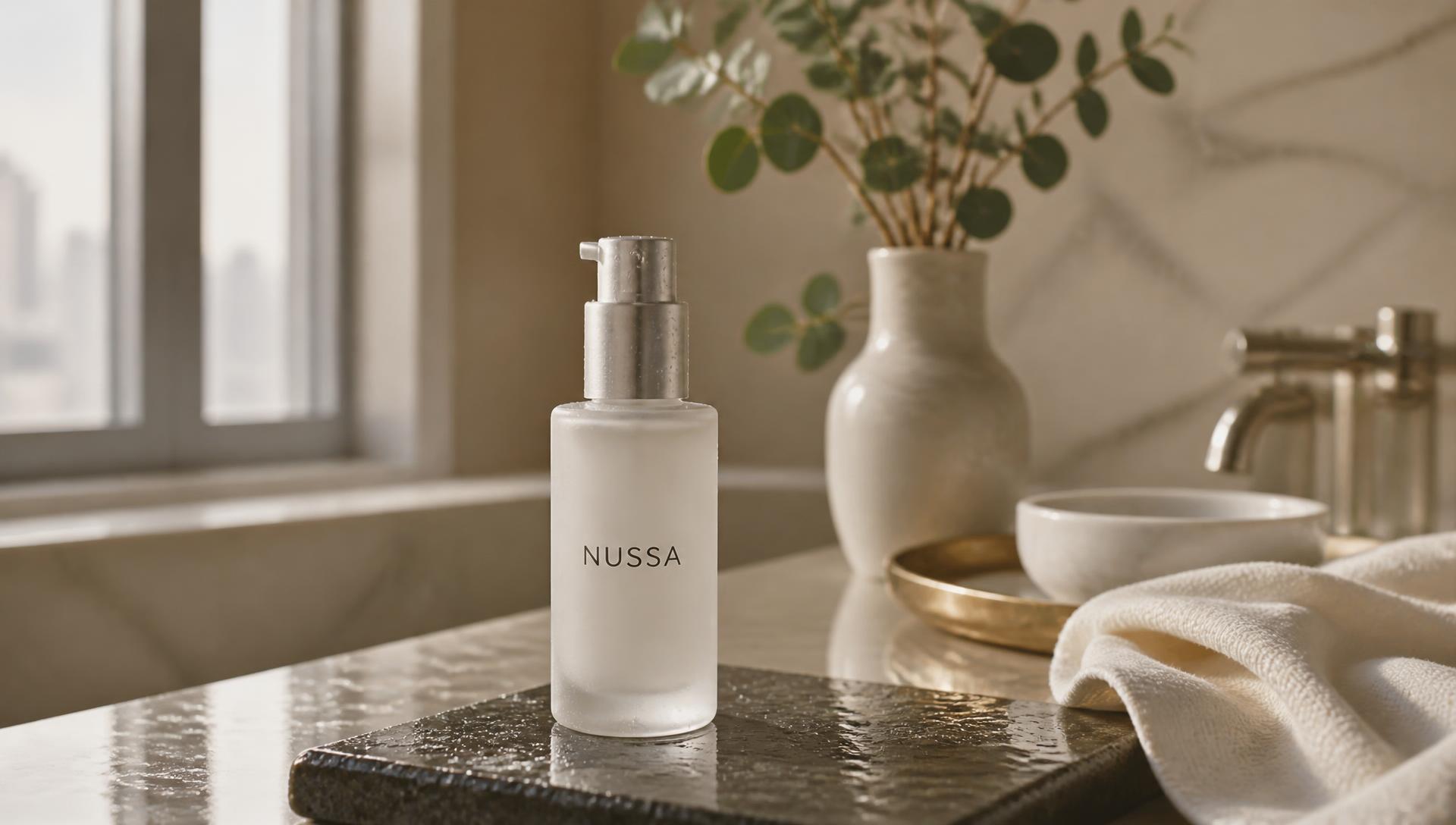 Frosted glass NUSSA serum bottle photographed on wet stone in a daylit bathroom